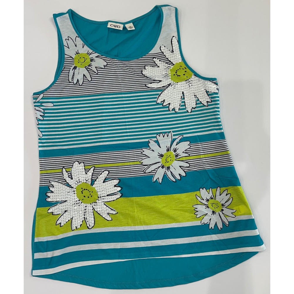 Cato Womens Medium Teal Daisy Sequin Floral Sleeveless Y2K Tank Top High Low Hem
